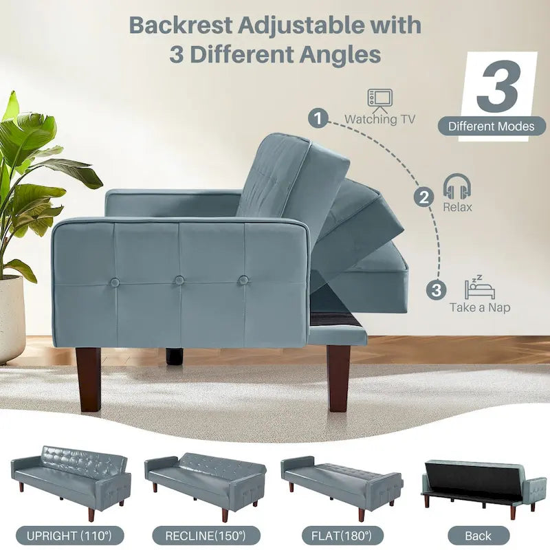 Sofá cama convertible de 3 plazas de piel sintética de 188.9 cm con respaldo ajustable