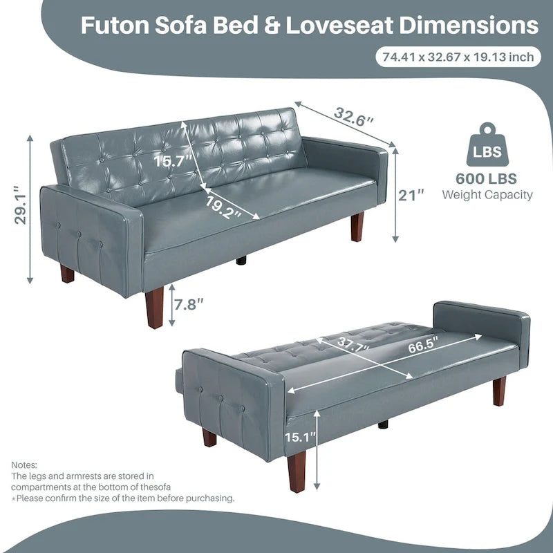 Sofá cama convertible de 3 plazas de piel sintética de 188.9 cm con respaldo ajustable