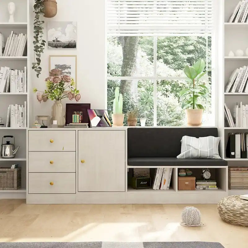 White Shoe Storage Bench with Cushioned Seat and Adjustable Shelves