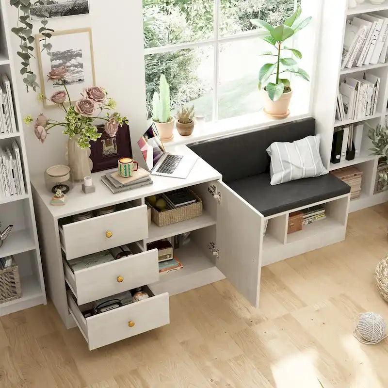Banco zapatero con asiento acolchado y estante ajustable
