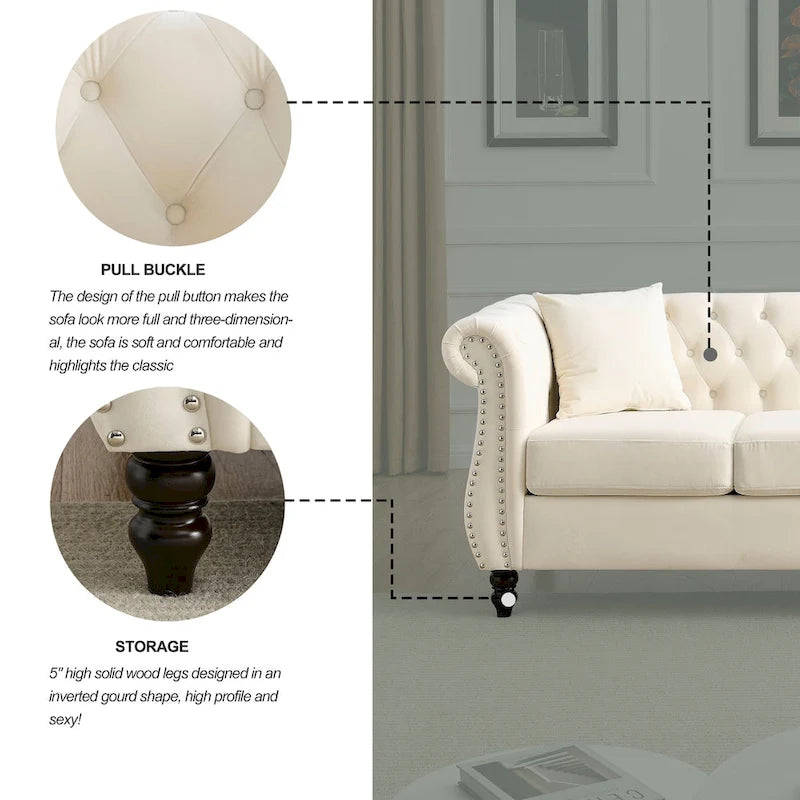 Sofá Chesterfield tapizado con mechones, brazos enrollados y tachuelas decorativas, de 3 plazas