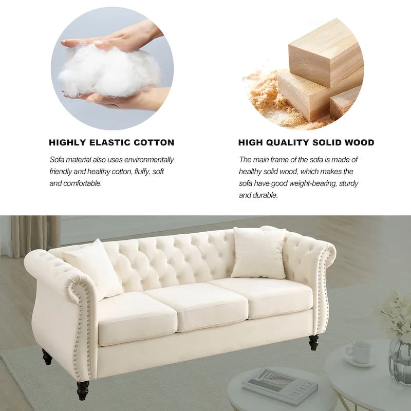 Sofá Chesterfield tapizado con mechones, brazos enrollados y tachuelas decorativas, de 3 plazas