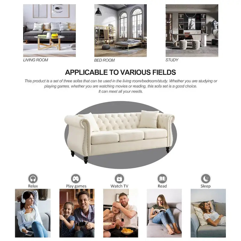 Sofá Chesterfield tapizado con mechones, brazos enrollados y tachuelas decorativas, de 3 plazas