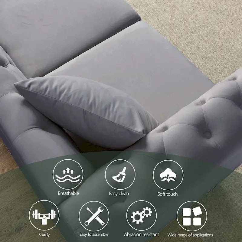 Sofá Chesterfield tapizado con mechones, brazos enrollados y tachuelas decorativas, de 3 plazas