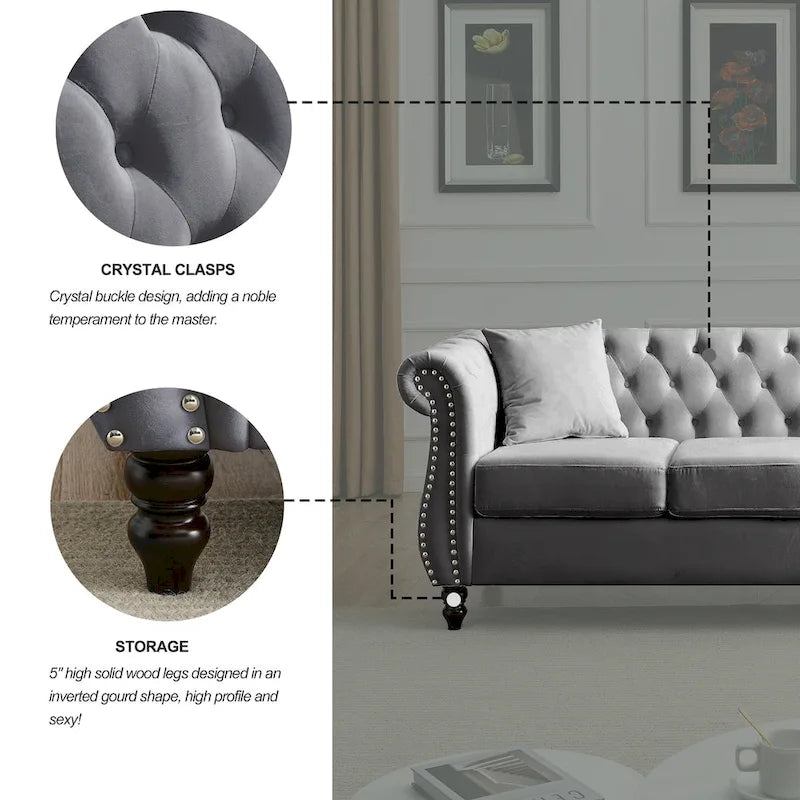 Sofá Chesterfield tapizado con mechones, brazos enrollados y tachuelas decorativas, de 3 plazas