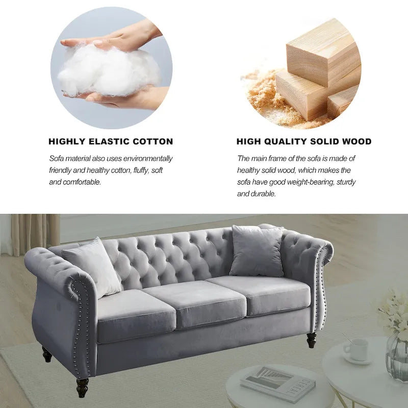 Sofá Chesterfield tapizado con mechones, brazos enrollados y tachuelas decorativas, de 3 plazas