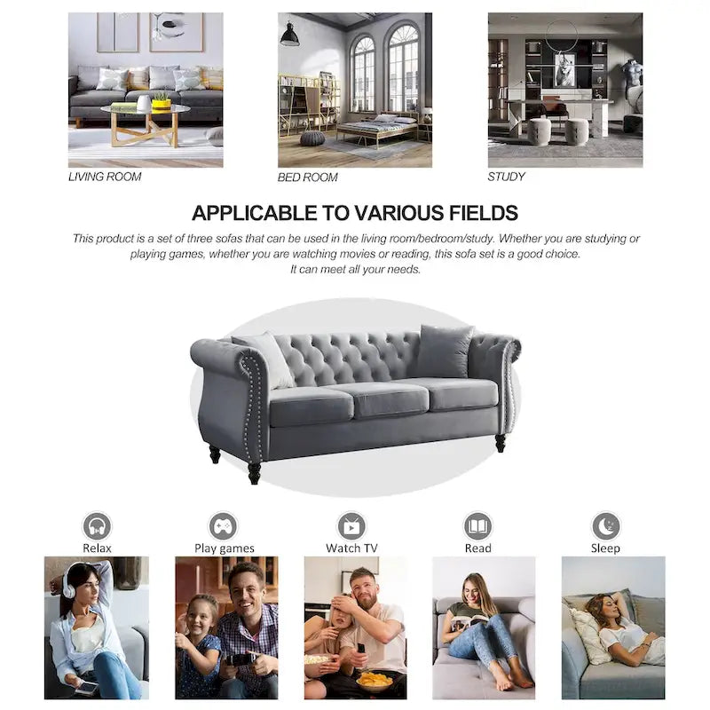 Sofá Chesterfield tapizado con mechones, brazos enrollados y tachuelas decorativas, de 3 plazas