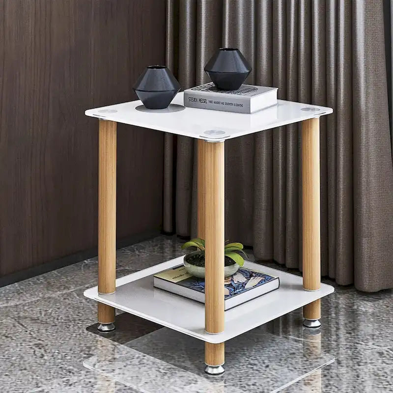 Mesa auxiliar moderna de 2 niveles, mesa de sofá, mesa auxiliar con estante de almacenamiento