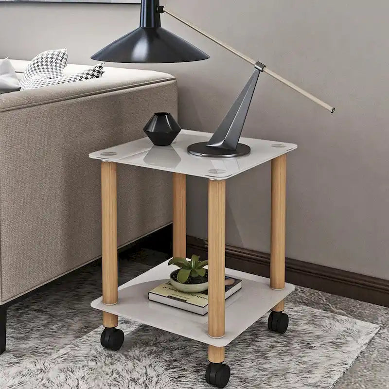 Mesa auxiliar moderna de 2 niveles, mesa de sofá, mesa auxiliar con estante de almacenamiento