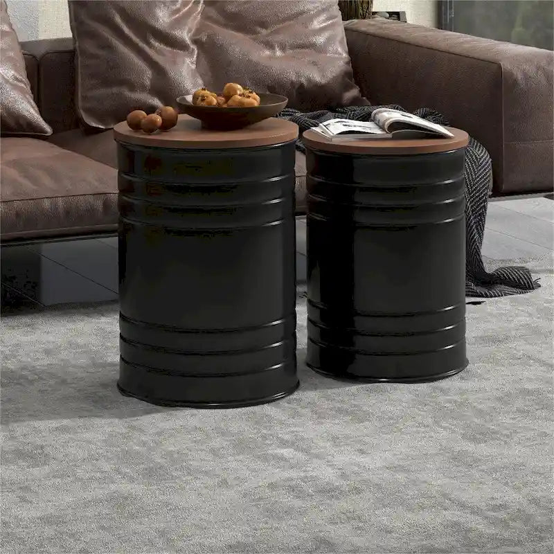 Mesitas Auxiliares Metálicas Anidables con Tapa de Madera (Juego de 2)