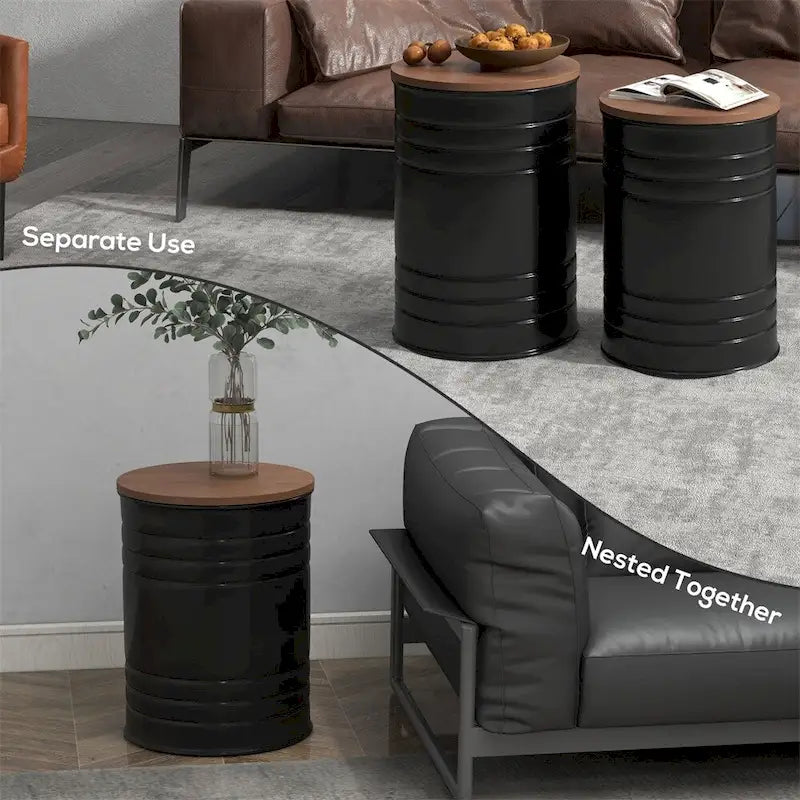 Mesitas Auxiliares Metálicas Anidables con Tapa de Madera (Juego de 2)