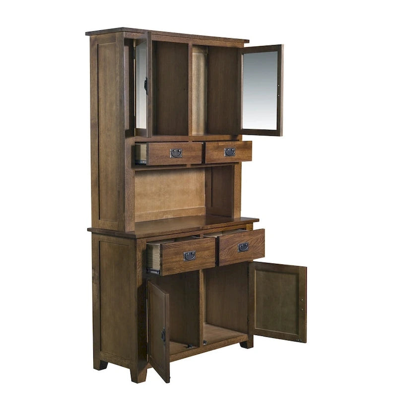 Vitrina de estilo Misión de cerezo/nogal con 4 puertas de cristal y 4 cajones