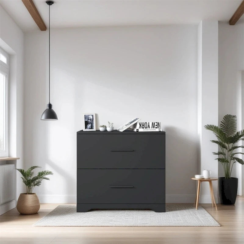 Archivador lateral de 2 cajones (Negro/Marrón) con soporte superior para impresora