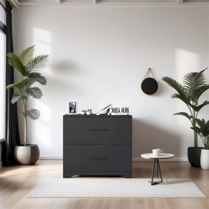Archivador lateral de 2 cajones (Negro/Marrón) con soporte superior para impresora