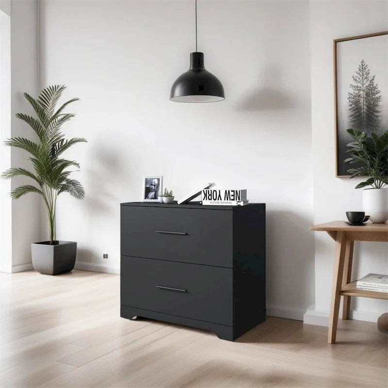 Archivador lateral de 2 cajones (Negro/Marrón) con soporte superior para impresora
