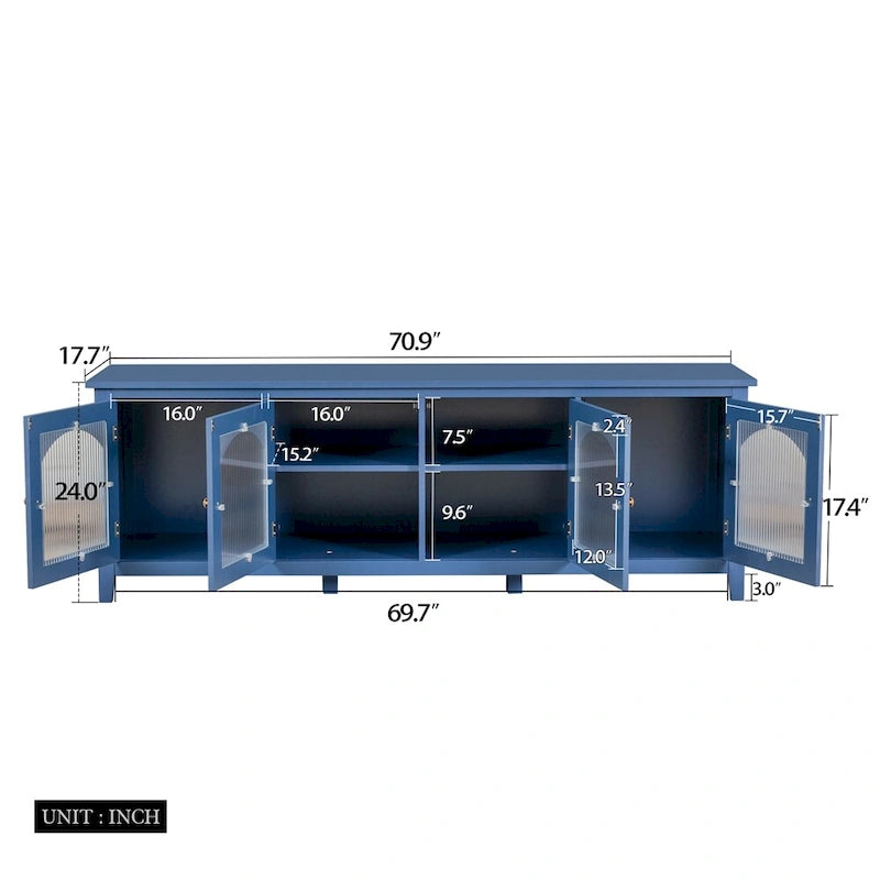 Mueble TV de 71" con estructura de madera maciza, puerta de cristal Changhong, tirador de metal