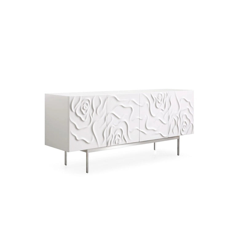 Aparador blanco de alto brillo con 4 puertas de cierre suave, detalles en forma de pétalos de rosa y patas de acero inoxidable