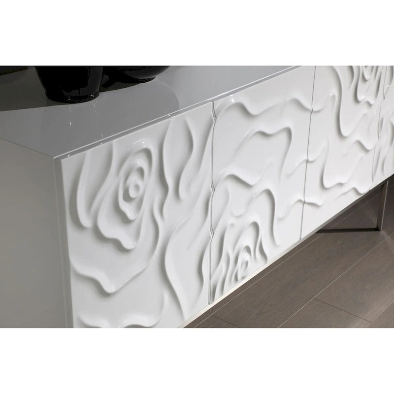 Aparador blanco de alto brillo con 4 puertas de cierre suave, detalles en forma de pétalos de rosa y patas de acero inoxidable