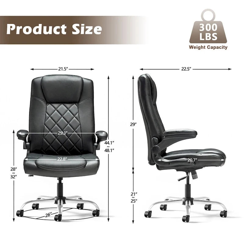 Sillón giratorio de oficina de piel sintética negra con reposabrazos abatibles, soporte lumbar y altura ajustable