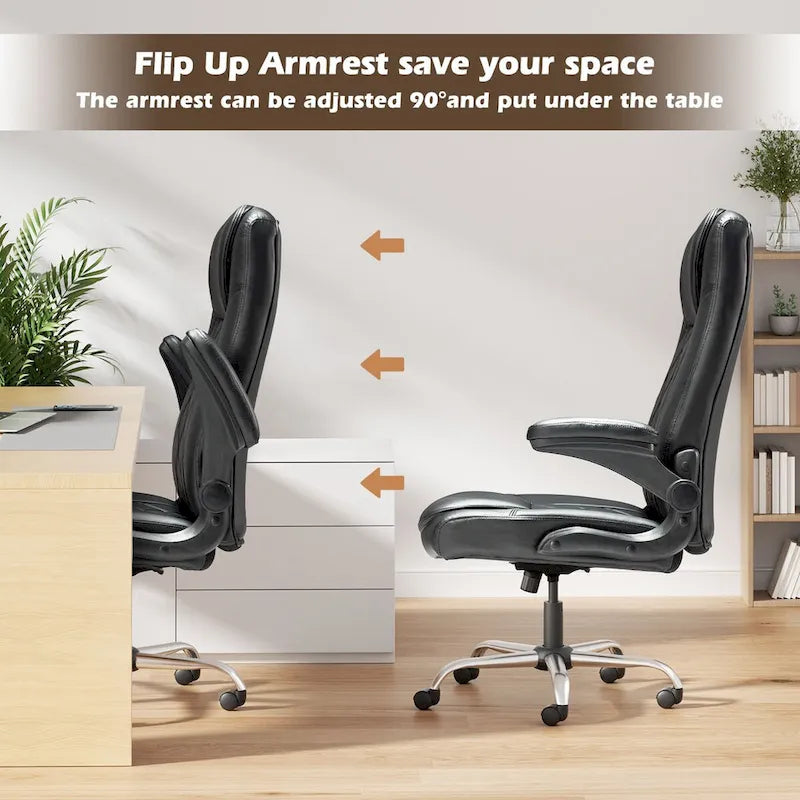 Sillón giratorio de oficina de piel sintética negra con reposabrazos abatibles, soporte lumbar y altura ajustable