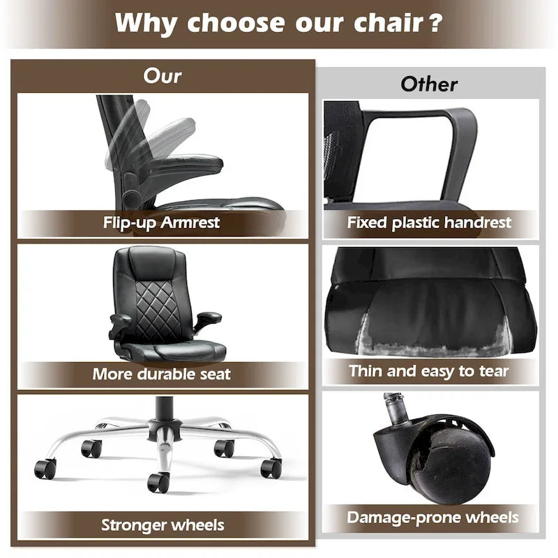 Sillón giratorio de oficina de piel sintética negra con reposabrazos abatibles, soporte lumbar y altura ajustable