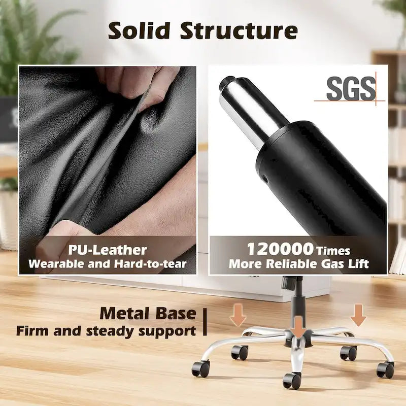 Sillón giratorio de oficina de piel sintética negra con reposabrazos abatibles, soporte lumbar y altura ajustable