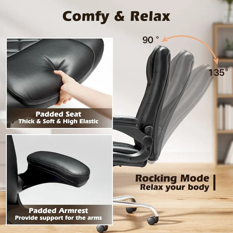 Sillón giratorio de oficina de piel sintética negra con reposabrazos abatibles, soporte lumbar y altura ajustable