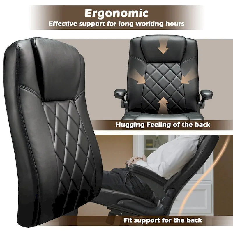 Sillón giratorio de oficina de piel sintética negra con reposabrazos abatibles, soporte lumbar y altura ajustable