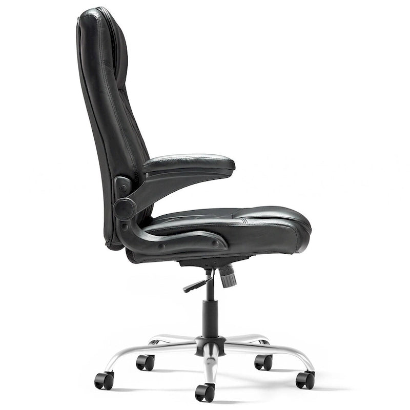 Sillón giratorio de oficina de piel sintética negra con reposabrazos abatibles, soporte lumbar y altura ajustable