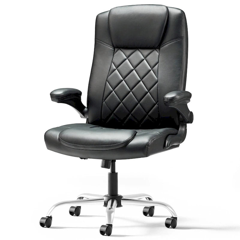 Sillón giratorio de oficina de piel sintética negra con reposabrazos abatibles, soporte lumbar y altura ajustable
