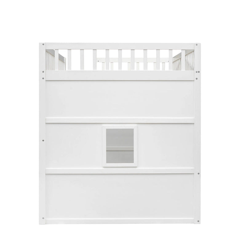 Cama alta elegante de madera de pino tamaño matrimonial blanca y gris con escalera, construcción sólida