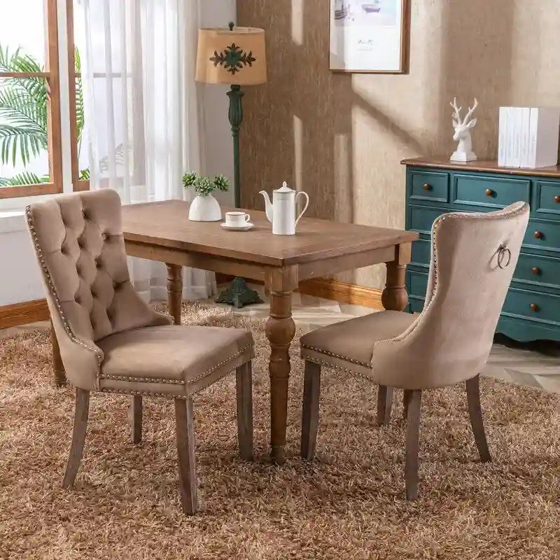 Silla de comedor tapizada en terciopelo capitoné con patas de madera maciza, juego de 2