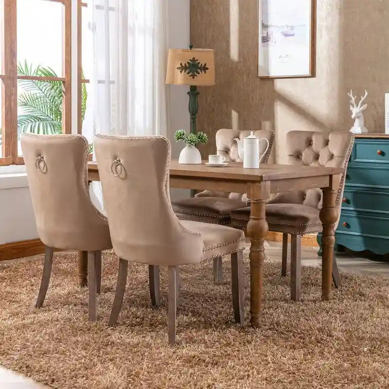 Silla de comedor tapizada en terciopelo capitoné con patas de madera maciza, juego de 2