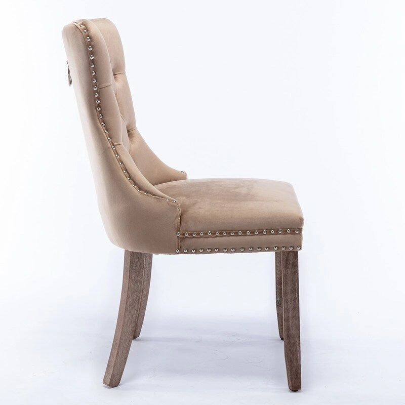 Silla de comedor tapizada en terciopelo capitoné con patas de madera maciza, juego de 2
