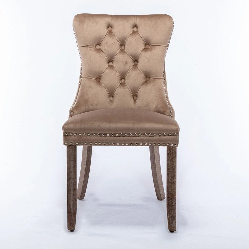 Silla de comedor tapizada en terciopelo capitoné con patas de madera maciza, juego de 2