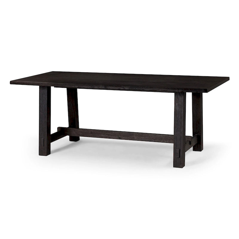 Mesa de comedor rectangular de madera con acabado negro envejecido