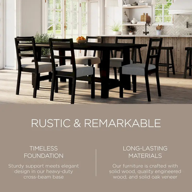 Mesa de comedor rectangular de madera con acabado negro envejecido