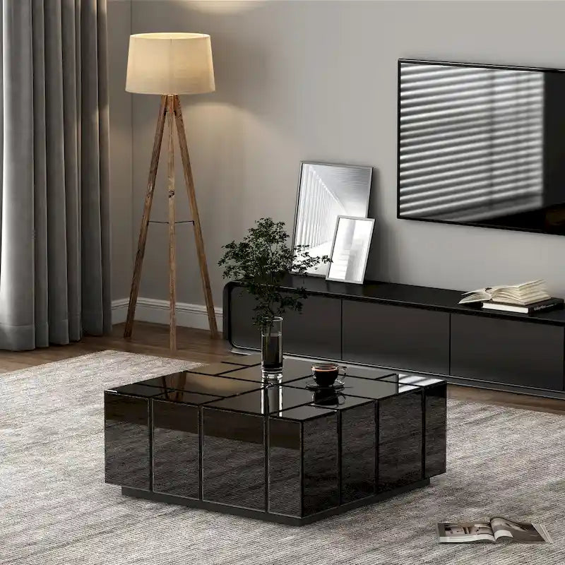 Mesa de centro cuadrada moderna negra con espejo central