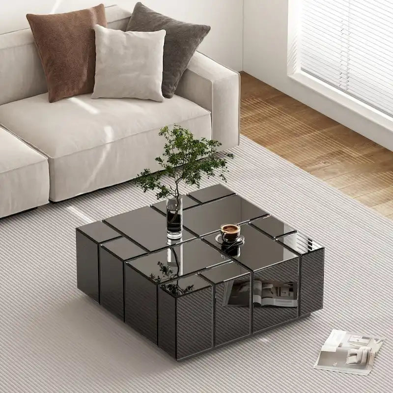 Mesa de centro cuadrada moderna negra con espejo central
