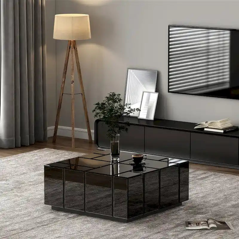 Mesa de centro cuadrada moderna negra con espejo central
