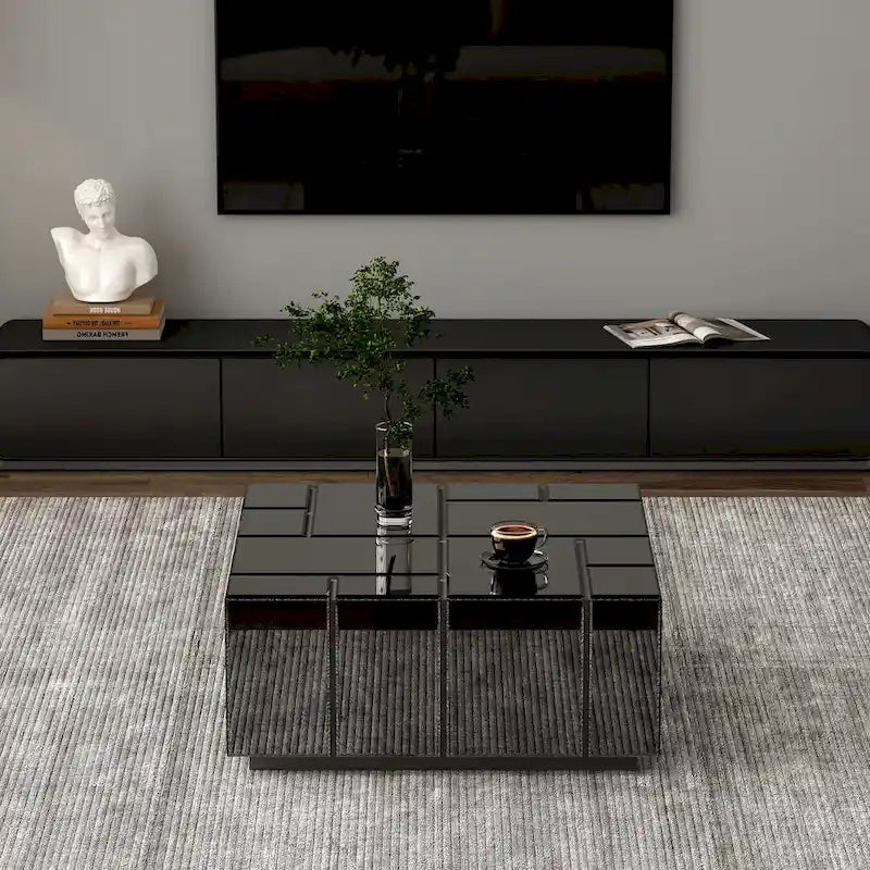 Mesa de centro cuadrada moderna negra con espejo central