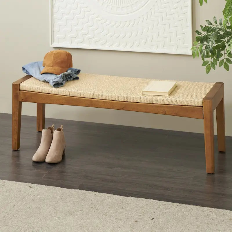 Banco rústico de madera hecho a mano con asiento de cuerda trenzada - Marrón
