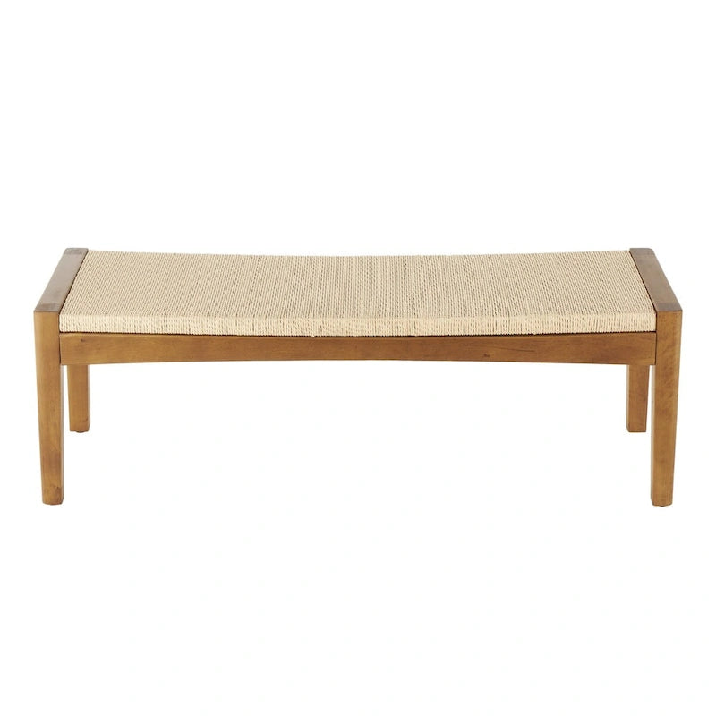 Banco rústico de madera hecho a mano con asiento de cuerda trenzada - Marrón